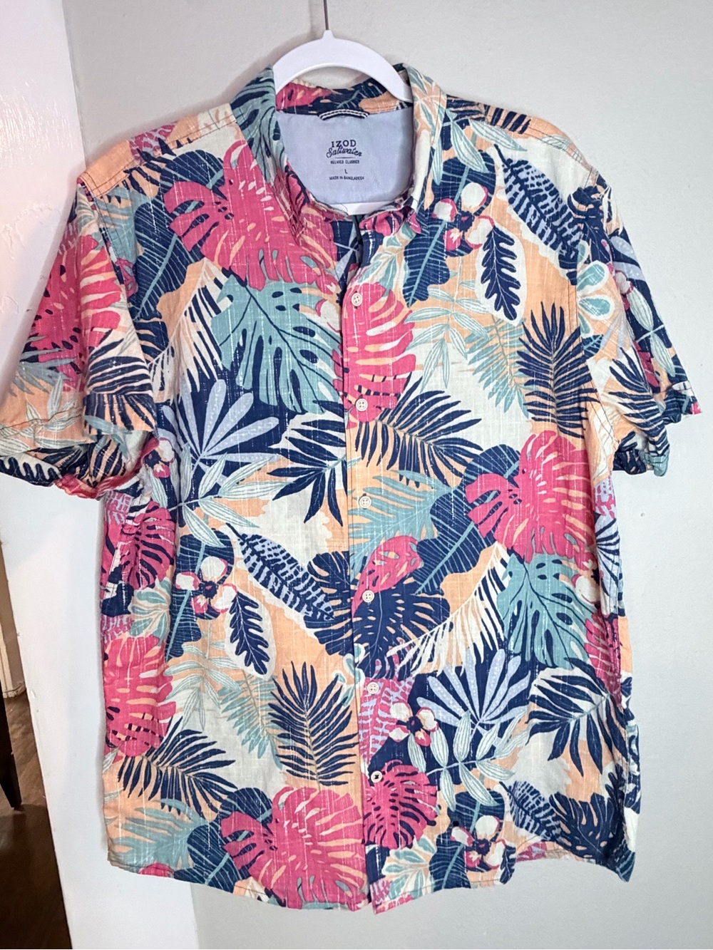 IZOD Saltwater short-sleeve Hawaiian button Shirt Men L